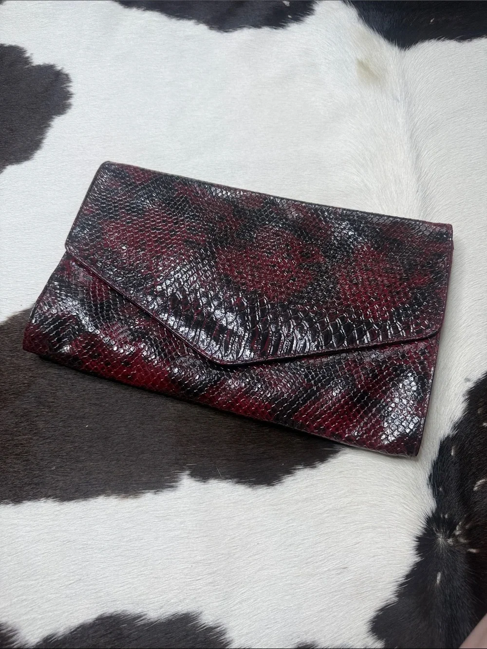 Joan Rivers Burgundy and Black Snake-Embossed Envelope Clutch